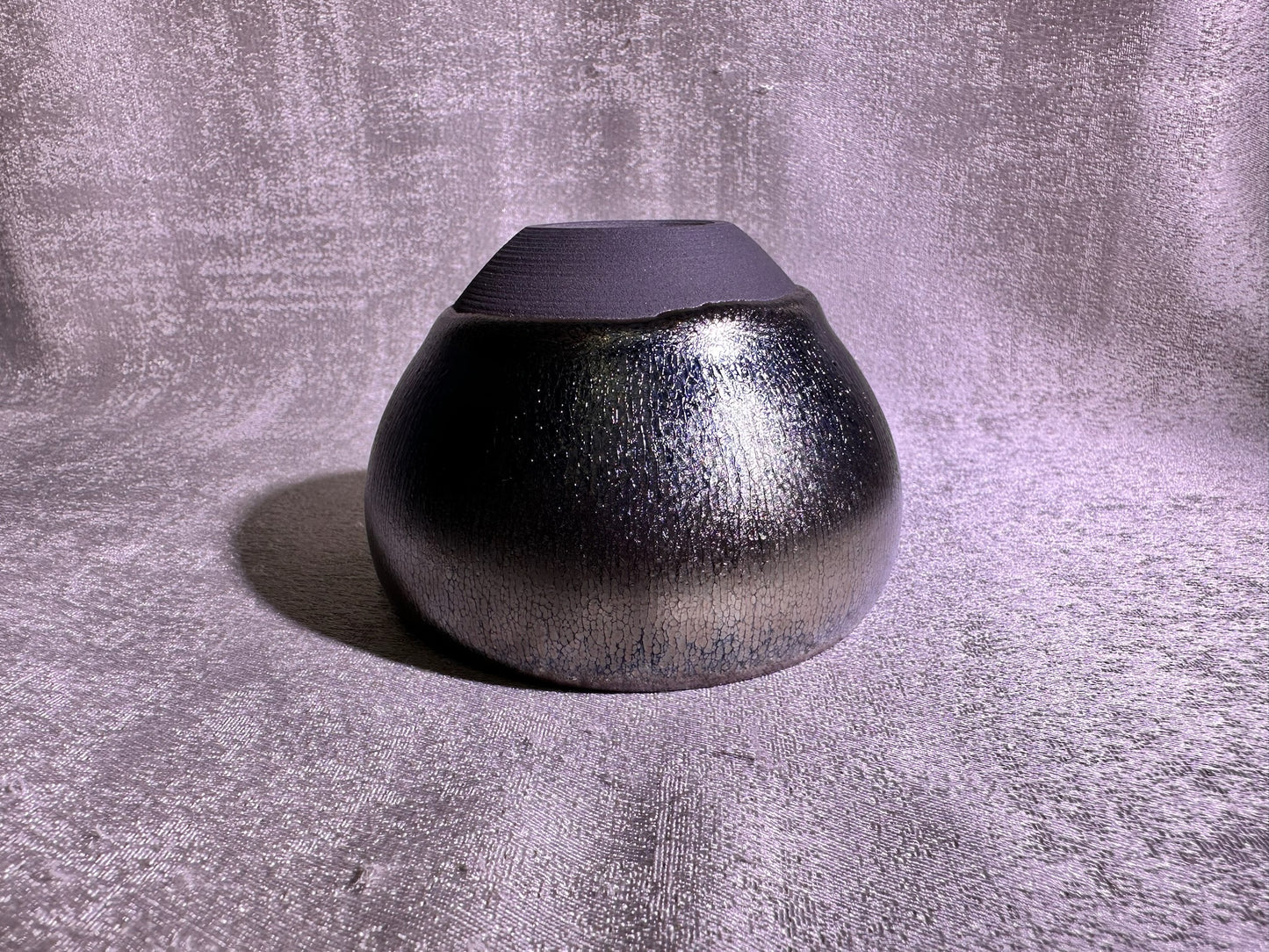 Cup22-Black glaze silver oil droplet hare’s fur pattern iridescent color monk bowl shape cap by YeShiMing