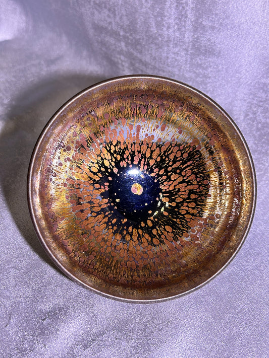 Cup6-Mirror-like silver glaze orange yellow golden oil droplets and hare’s fur pattern Diancha tea whisking bowl
