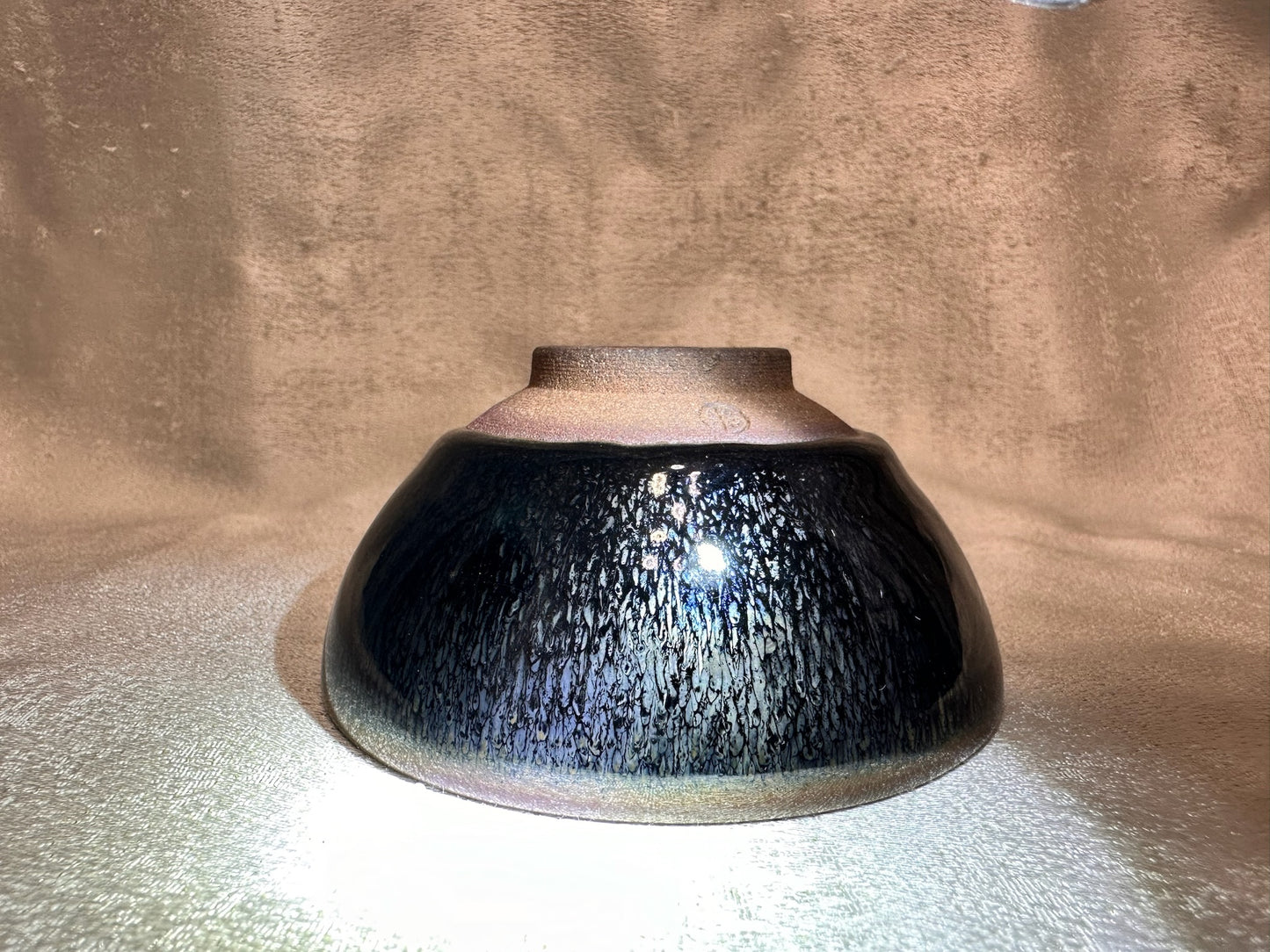Black glaze silver blue hare’s fur pattern brown rim flat mouth shape cup