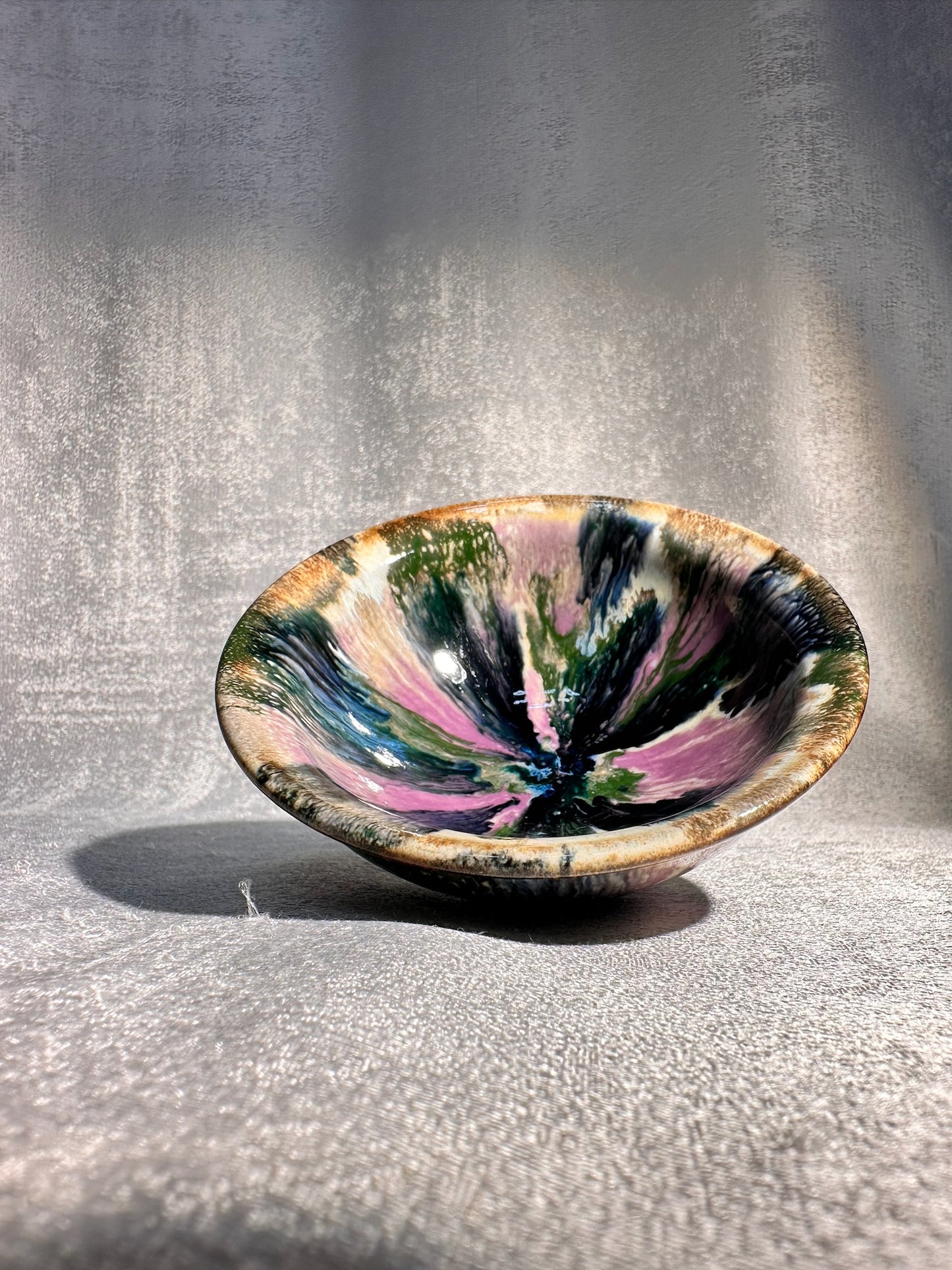Purple green magenta mountain river scenery glaze official’s hat shape cup by YouChao