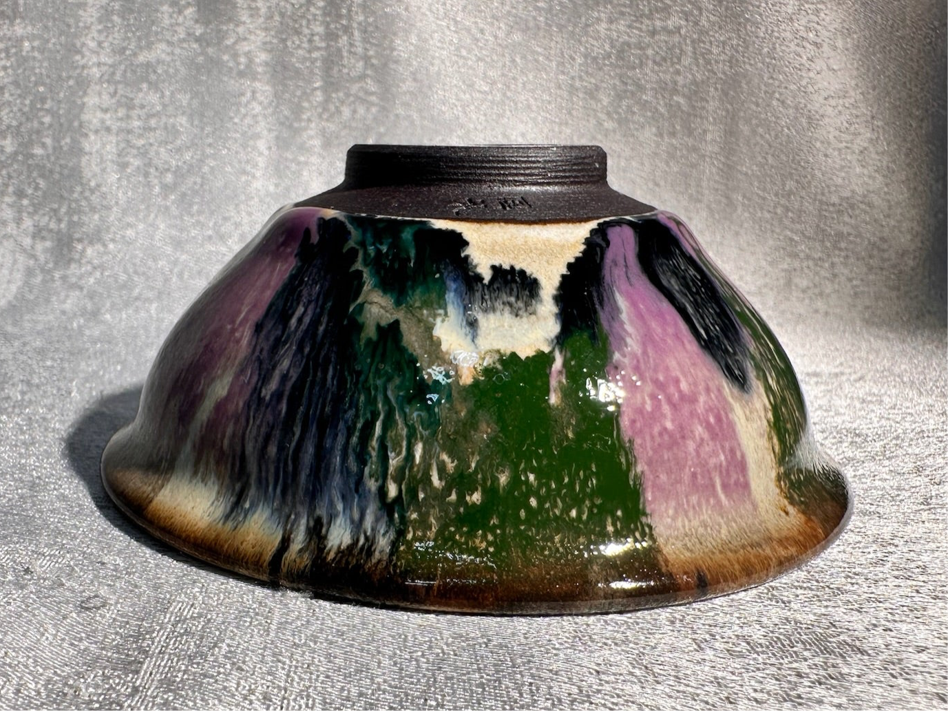 Purple green magenta mountain river scenery glaze official’s hat shape cup by YouChao
