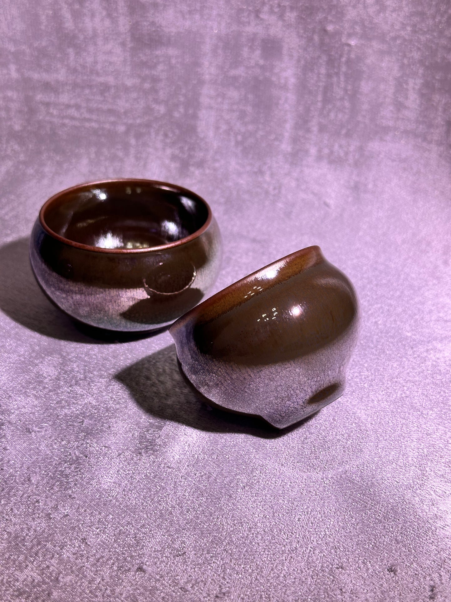 Gourd shape pair cup, brown tea color glaze with colorful hare's fur, XioGuangMing
