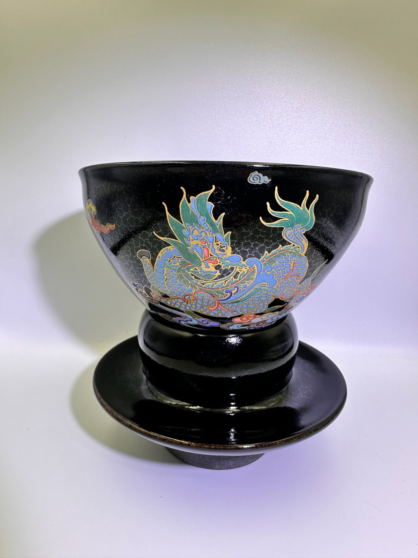 133mm*80mm Black glaze silver dragon scale pattern with hand-painting 3 dragons pattern on exterior diancha tea-whisking bowl