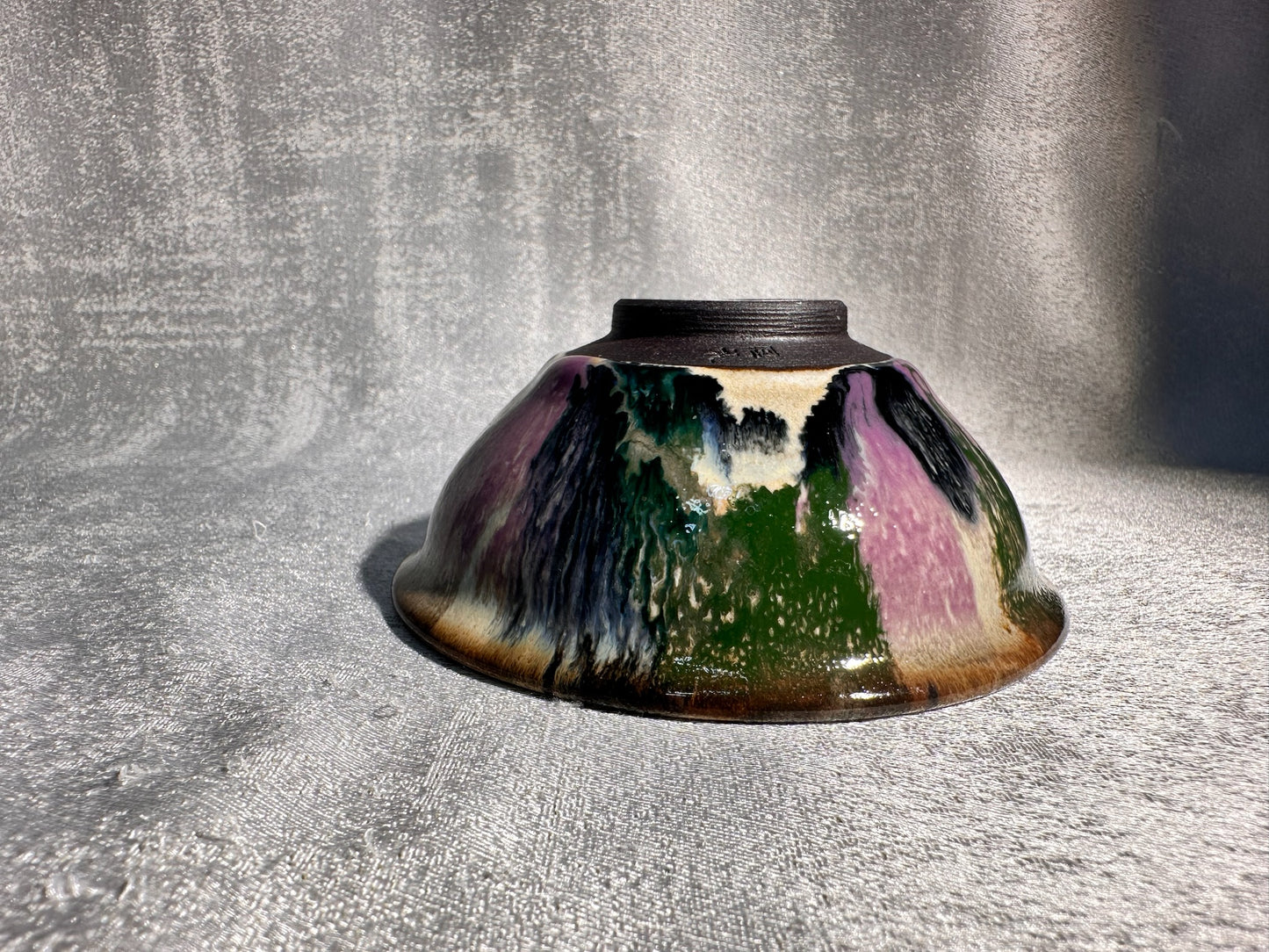 Purple green magenta mountain river scenery glaze official’s hat shape cup by YouChao
