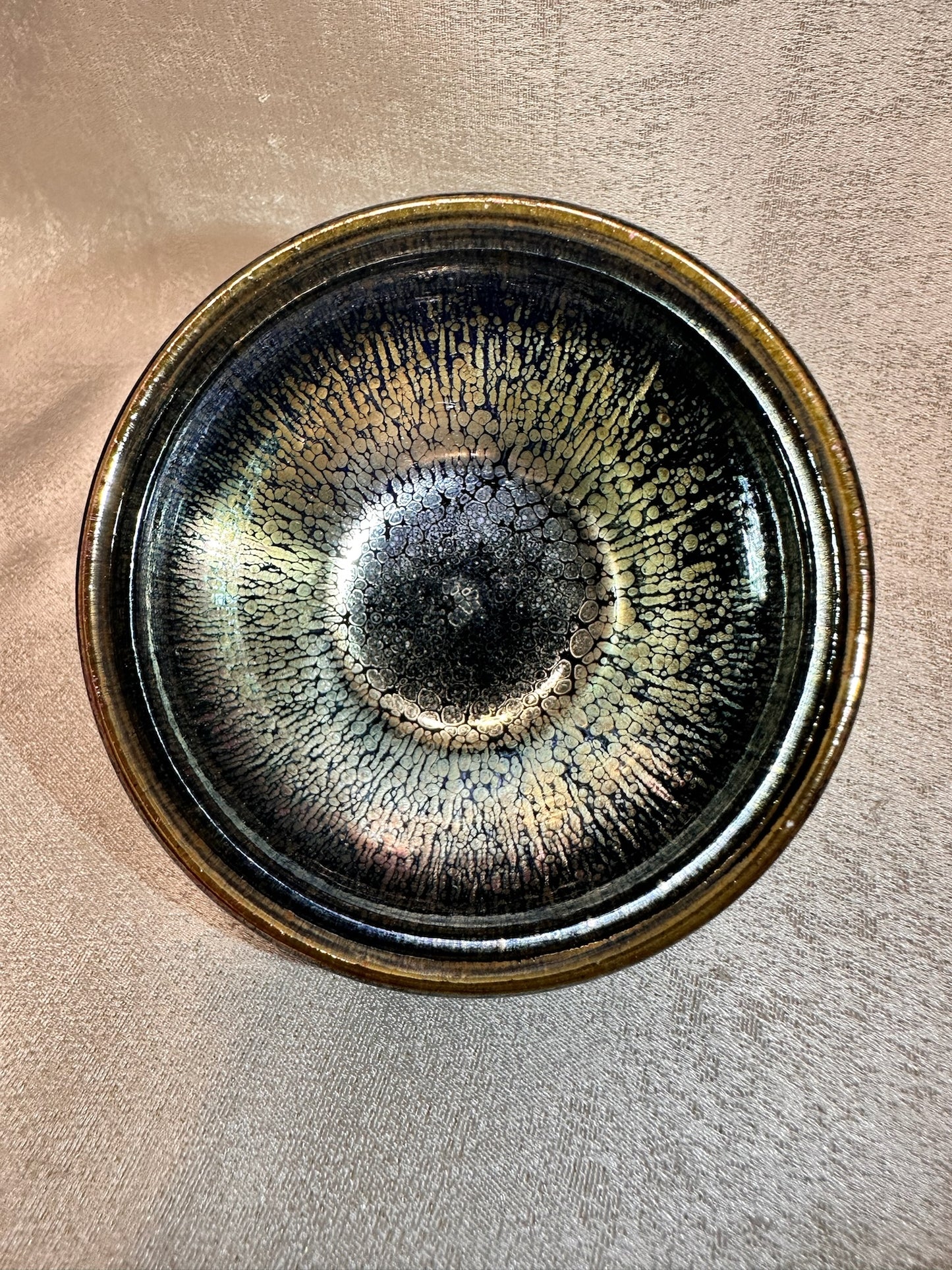 Black gold glaze rose gold multi colored oil droplet pattern tied mouth shape cup
