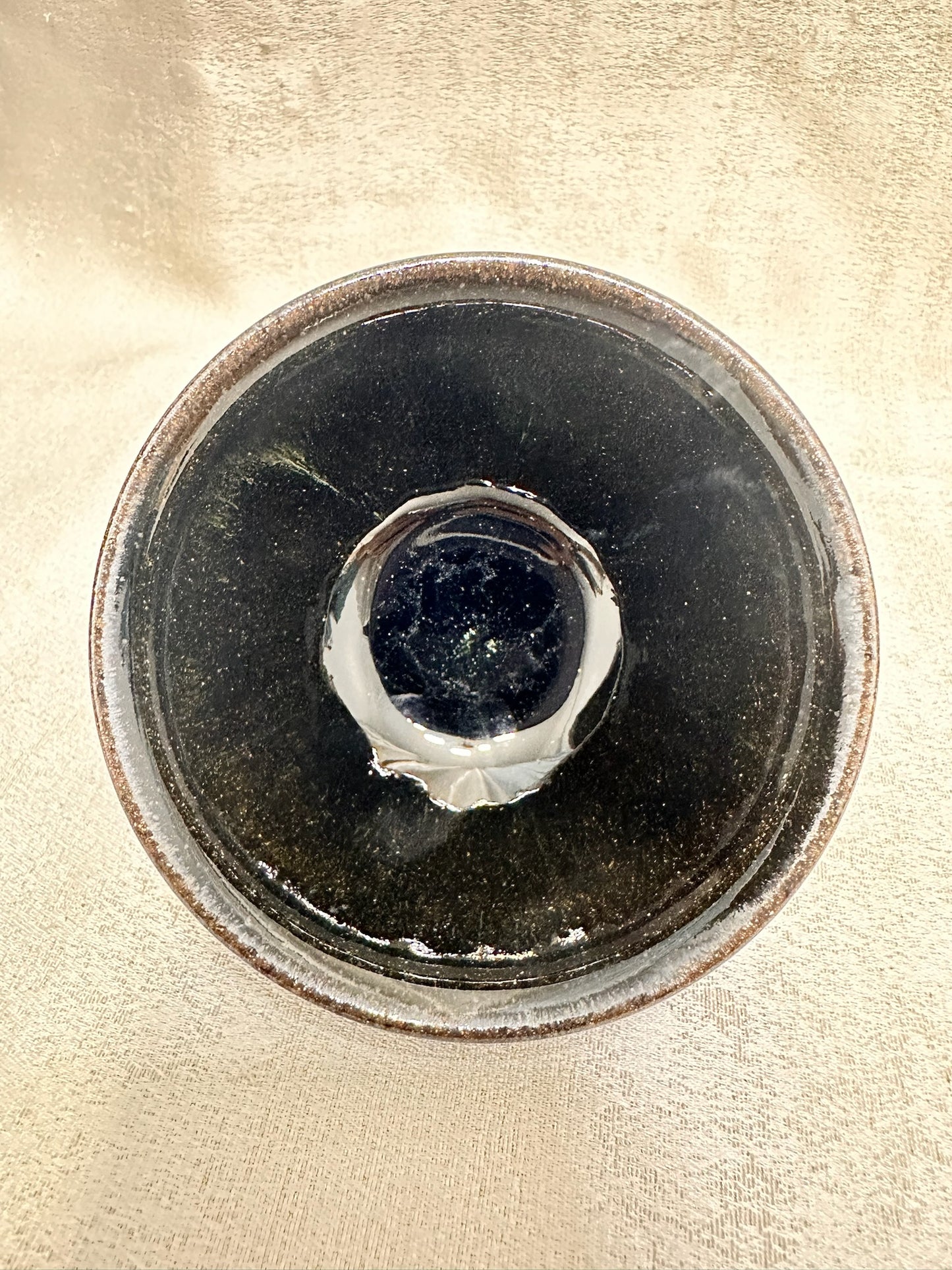 Black glaze kiln transformed golden sands blue hare’s fur pattern tied mouth shape cup with glaze tears, drippy
