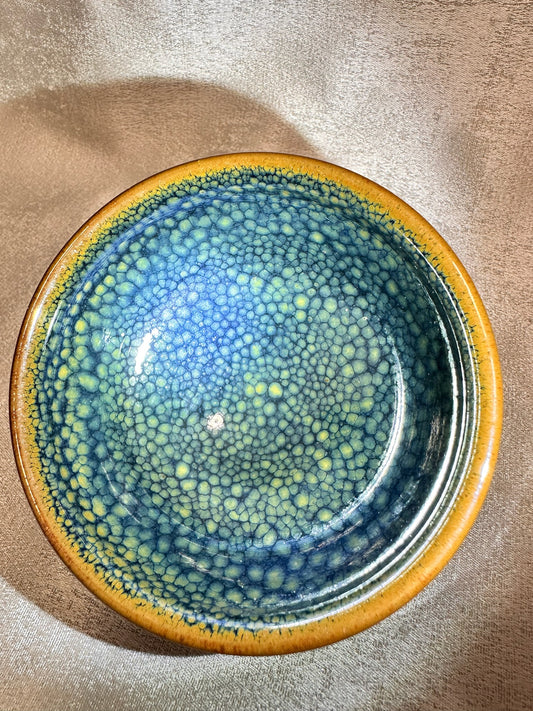 Blue-green glaze yellow partridge feather pattern golden rim zen bowl shape cup