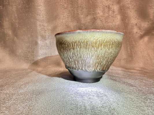 Brown glaze white peony pattern ox-blood red rim tied mouth shape cup