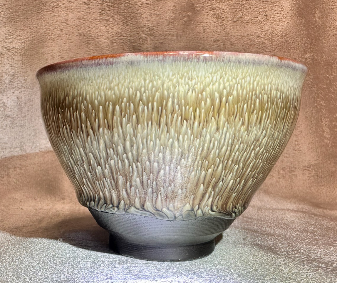 Brown glaze white peony pattern ox-blood red rim tied mouth shape cup