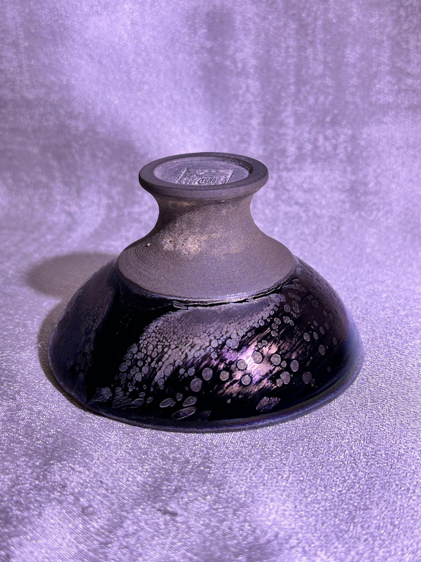 Cup5-Black purple side-firing glaze galaxy purple Yohen oil droplets pattern high foot flat mouth shape cup