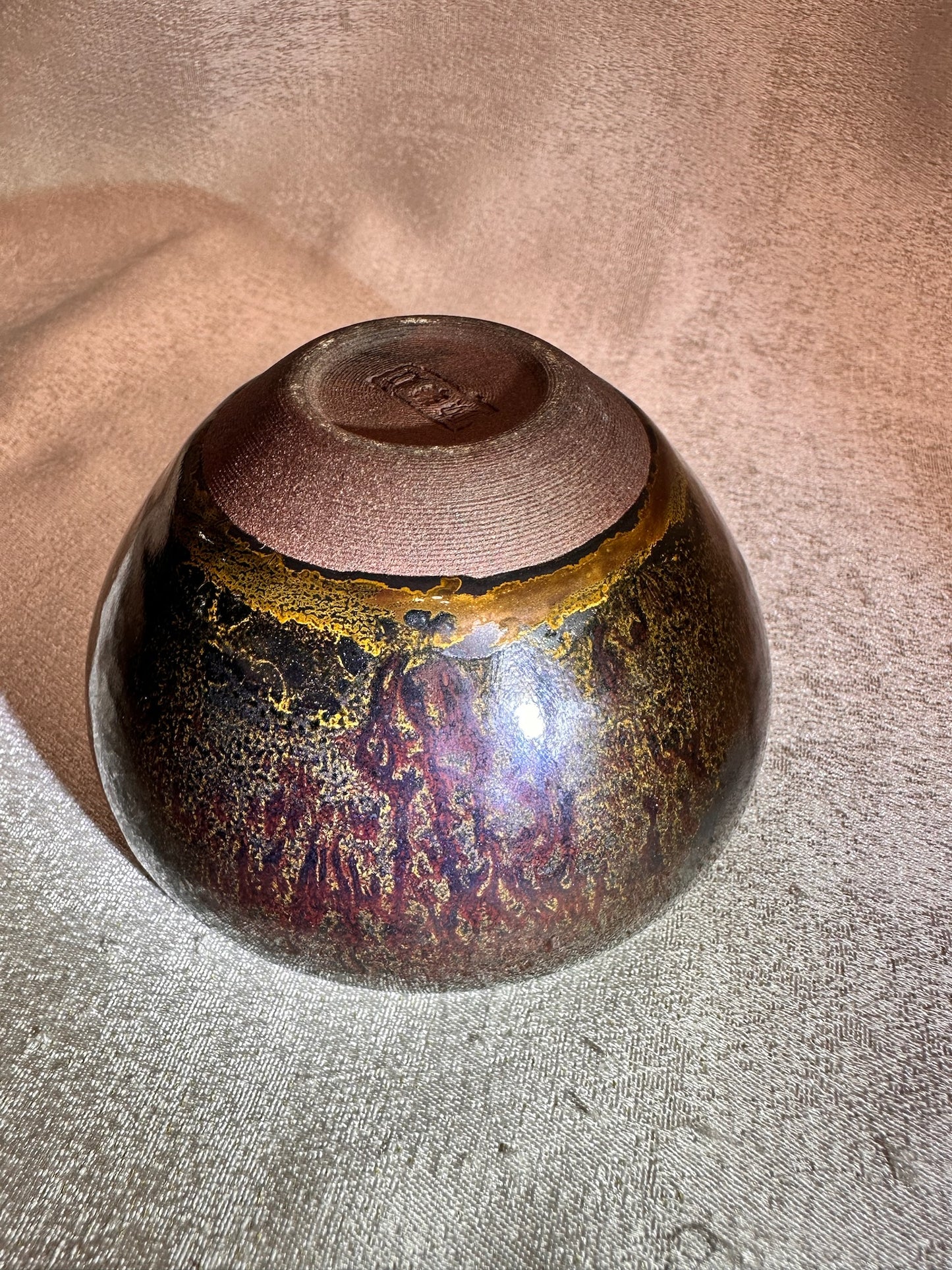 Black ox-blood red glaze orange yellow hare’s fur ‘Bohdi’ pattern monk bowl shape by GuPanHong