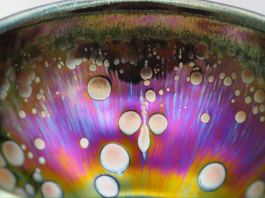 Multi color galaxy-like yohen glaze tied mouth Diancha tea bowl with one glaze tear drop