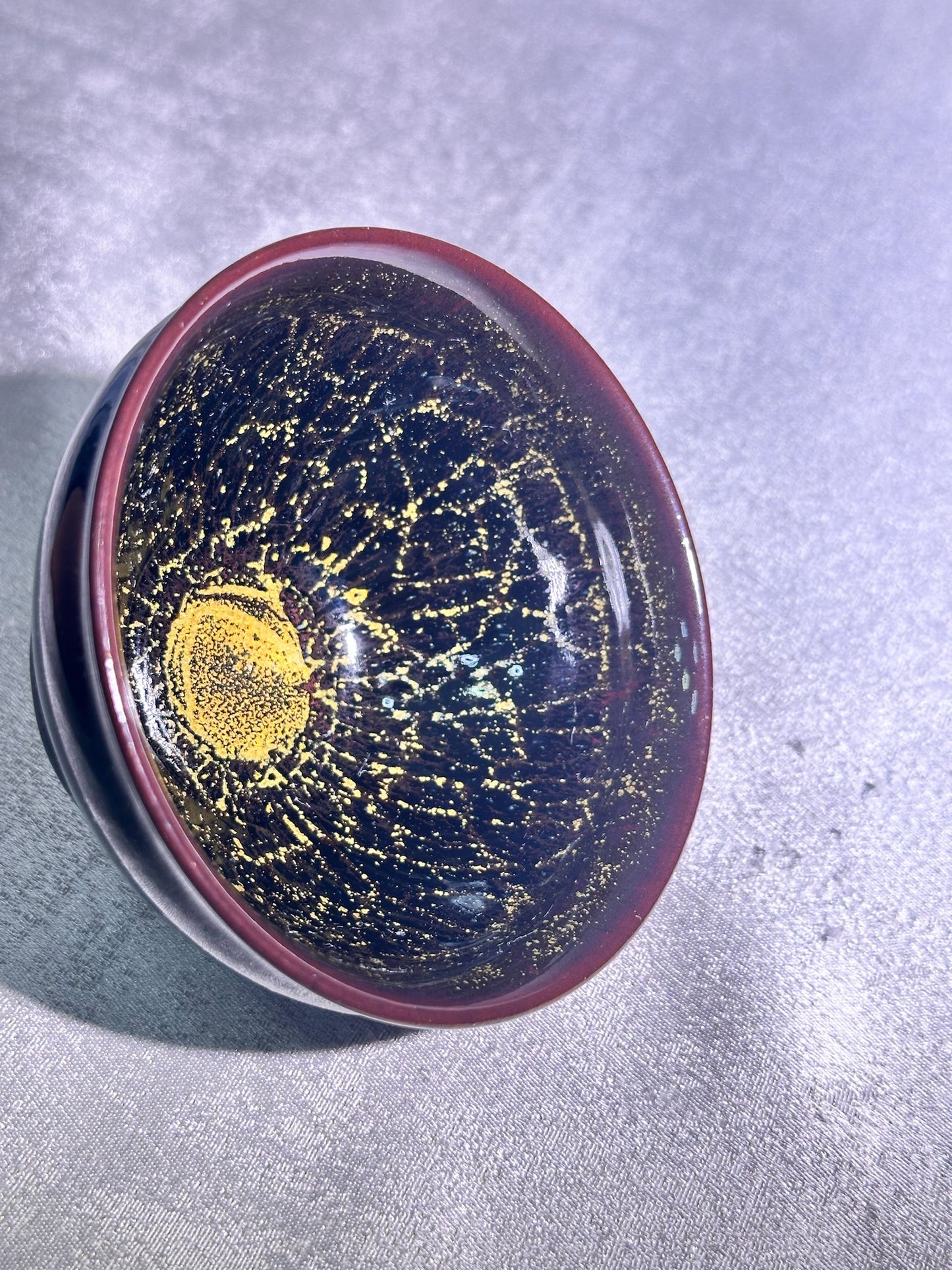 Cup2-Black golden glaze with brown hare’s fur and golden thread pattern, ox-blood rim tied-mouth shape cup