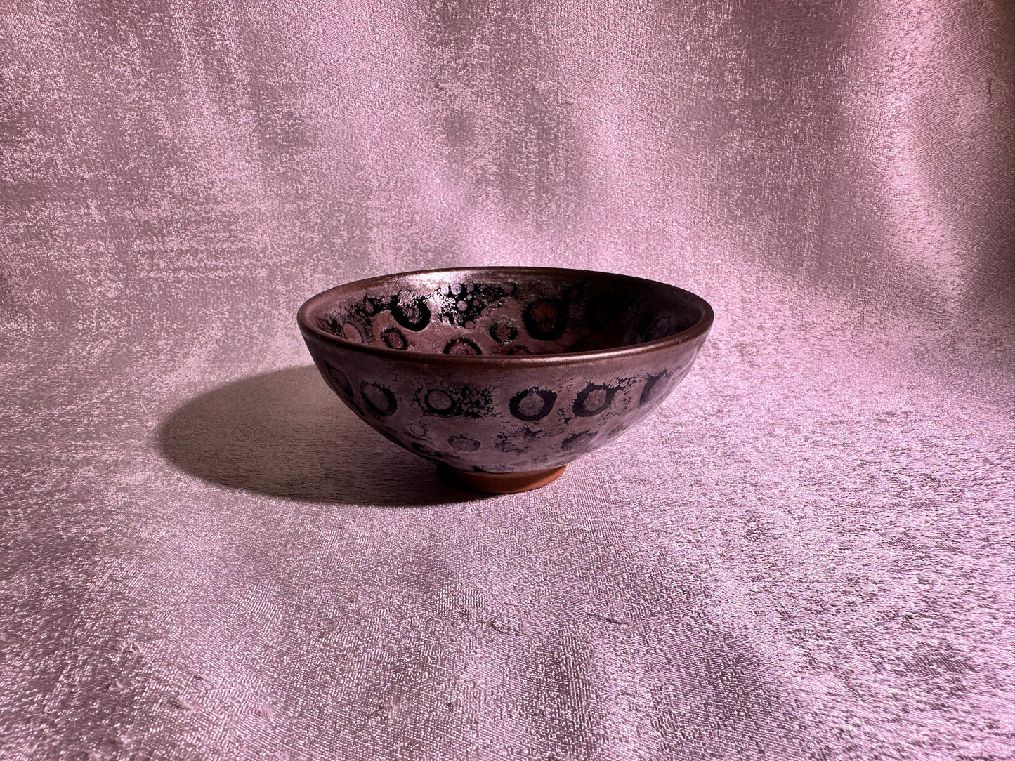 Cup10-Ox-blood red glaze with strong crystalized heaven eyes spots pattern flat mouth shape cut