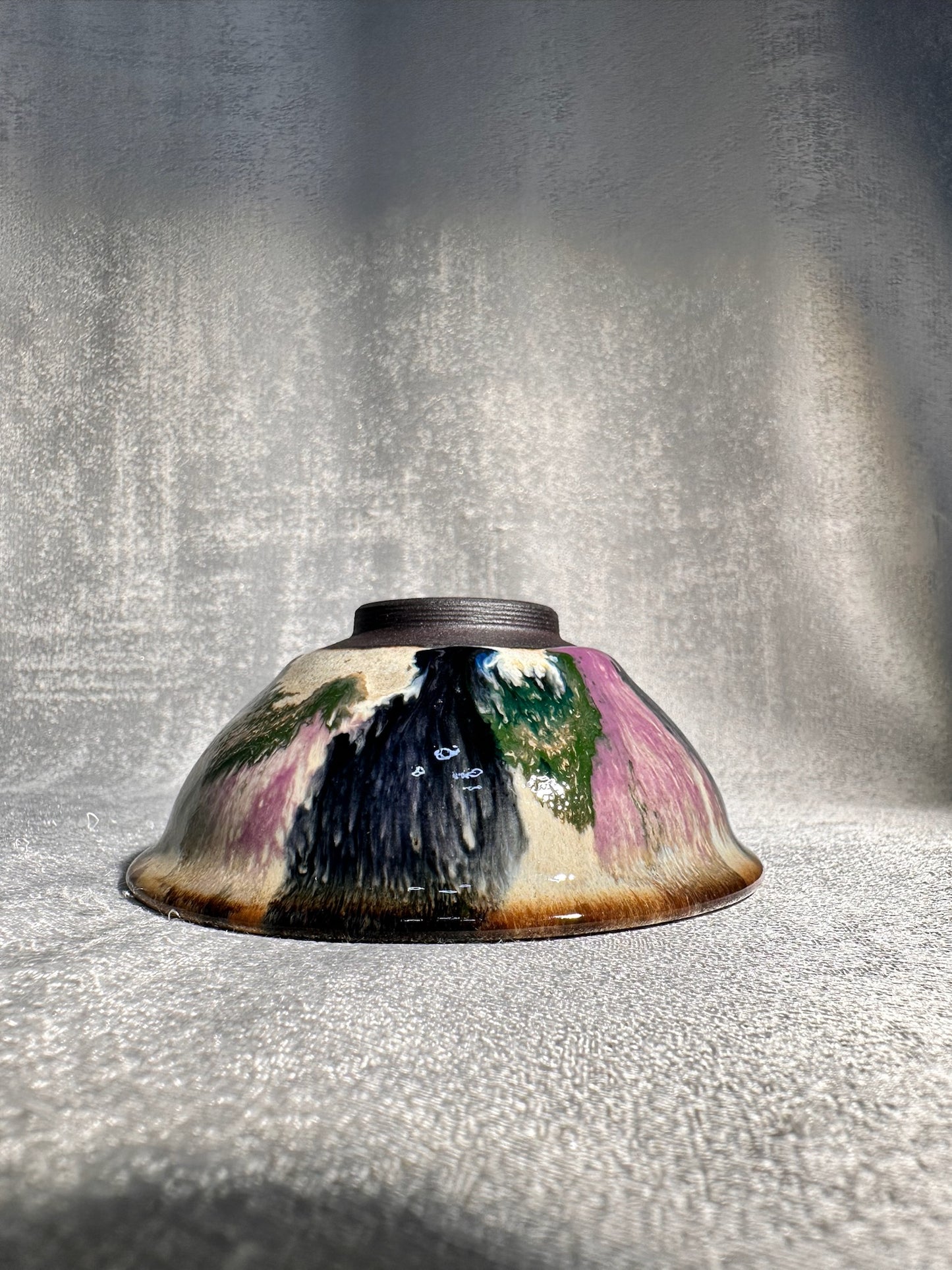 Purple green magenta mountain river scenery glaze official’s hat shape cup by YouChao