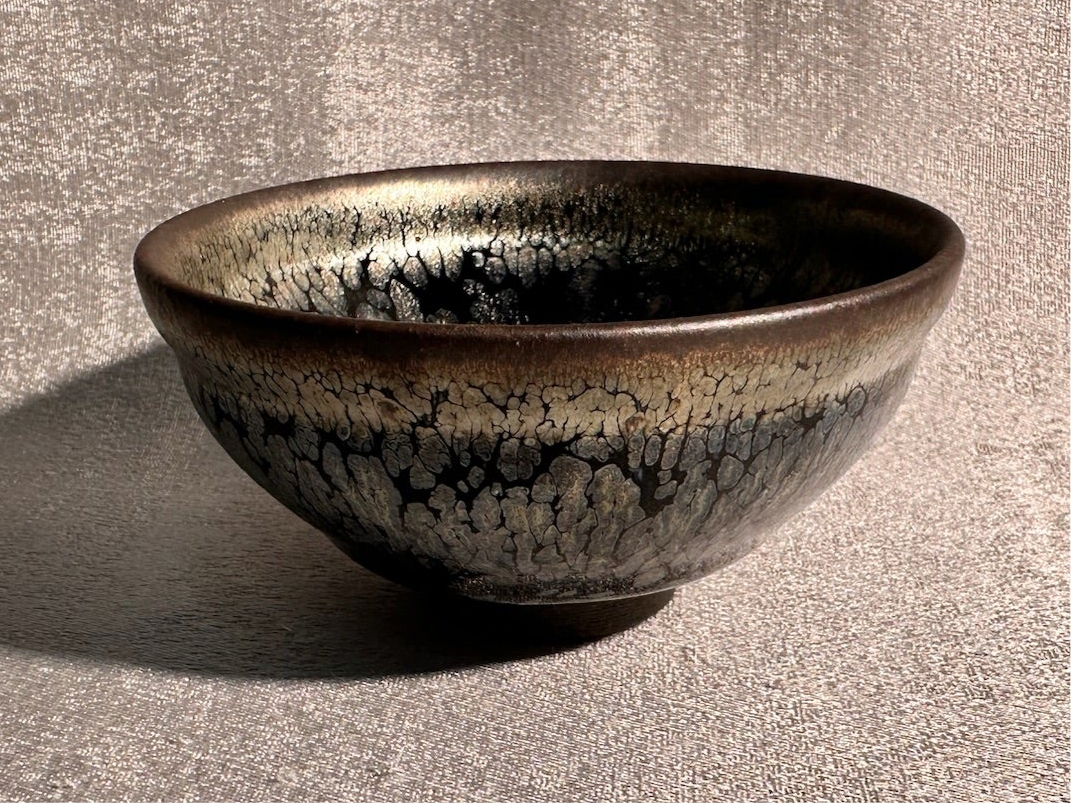 Cup15-Black gold glaze silver oil droplet flower pattern, official’s hat shape cup by YouHeDi