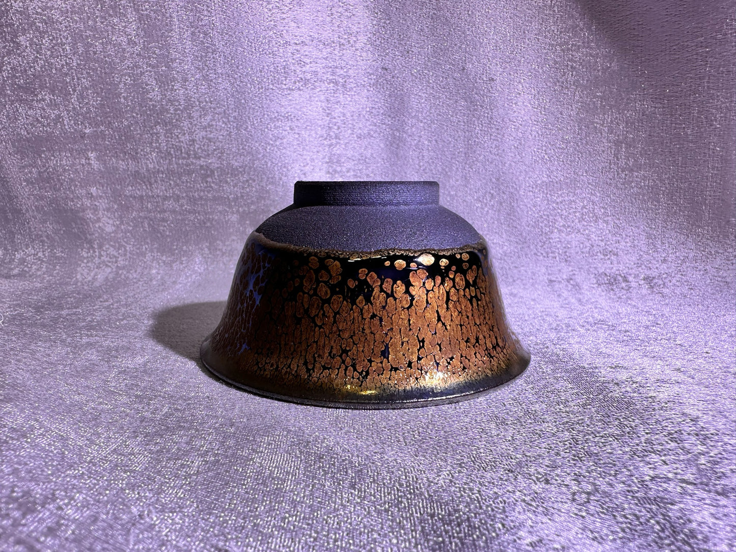 Cup3-Mirror-like silver glaze orange yellow golden oil droplets and hare’s fur pattern palace bowl shape cup, Yongle handpress cup