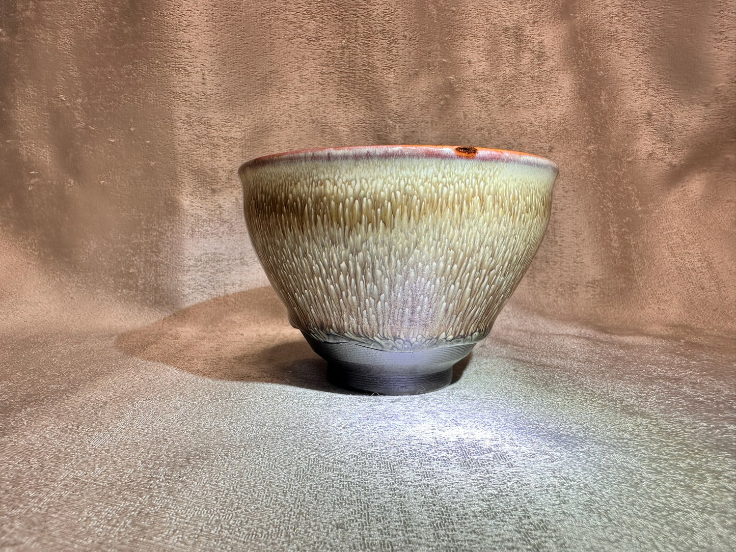 Brown glaze white peony pattern ox-blood red rim tied mouth shape cup