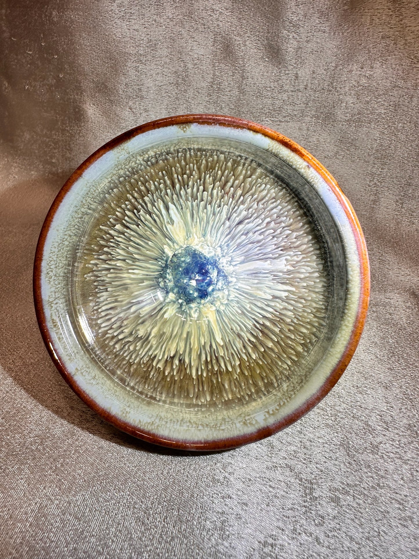Brown glaze white peony pattern ox-blood red rim tied mouth shape cup