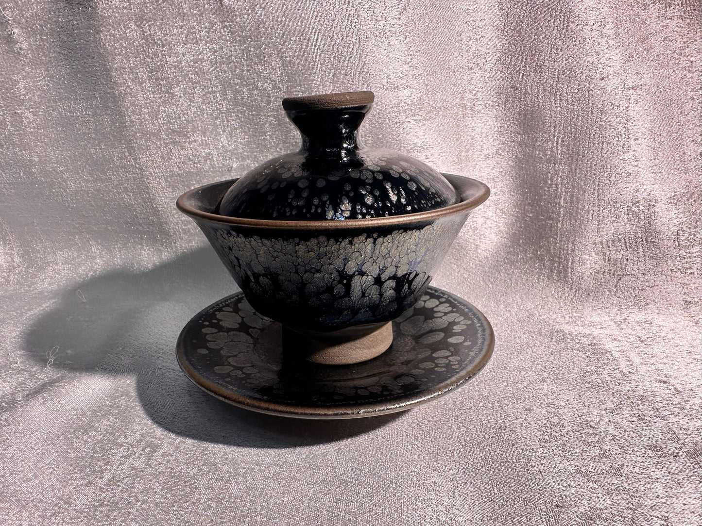 National Treasure Peony, black glaze silver oil droplet peony pattern 3-piece Gadiwan set