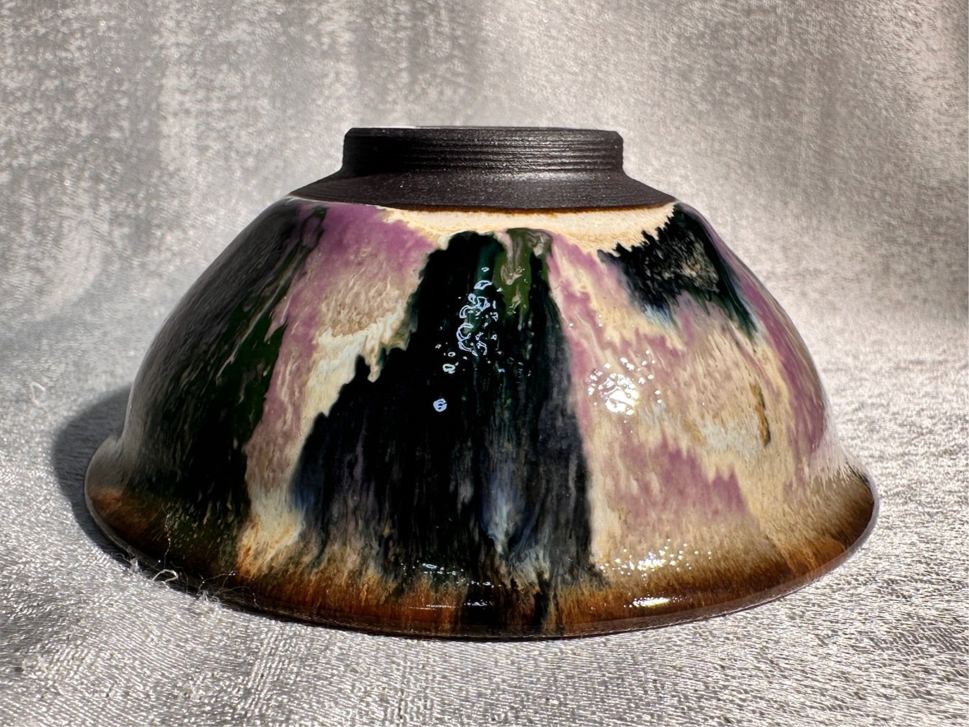 Purple green magenta mountain river scenery glaze official’s hat shape cup by YouChao