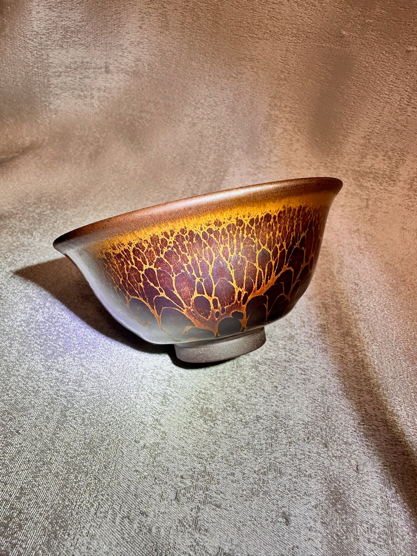 Ox-blood red glaze orange partridge feather pattern palace bowl shape cup by YeBin