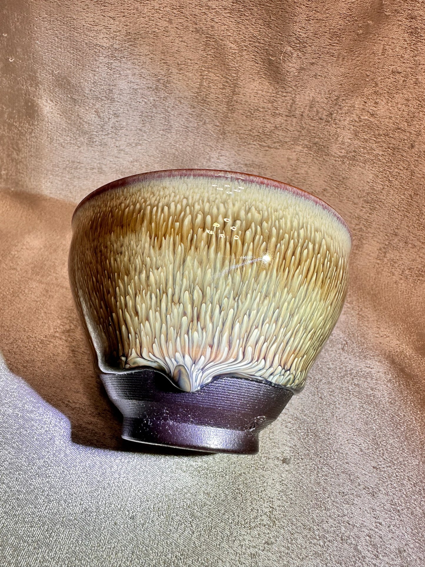 Brown glaze white peony pattern ox-blood red rim tied mouth shape cup