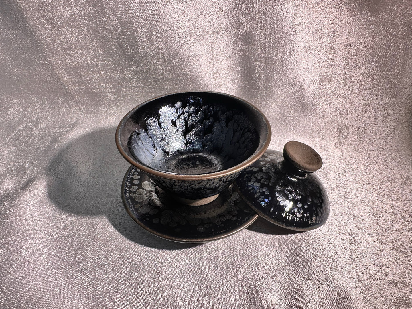 National Treasure Peony, black glaze silver oil droplet peony pattern 3-piece Gadiwan set
