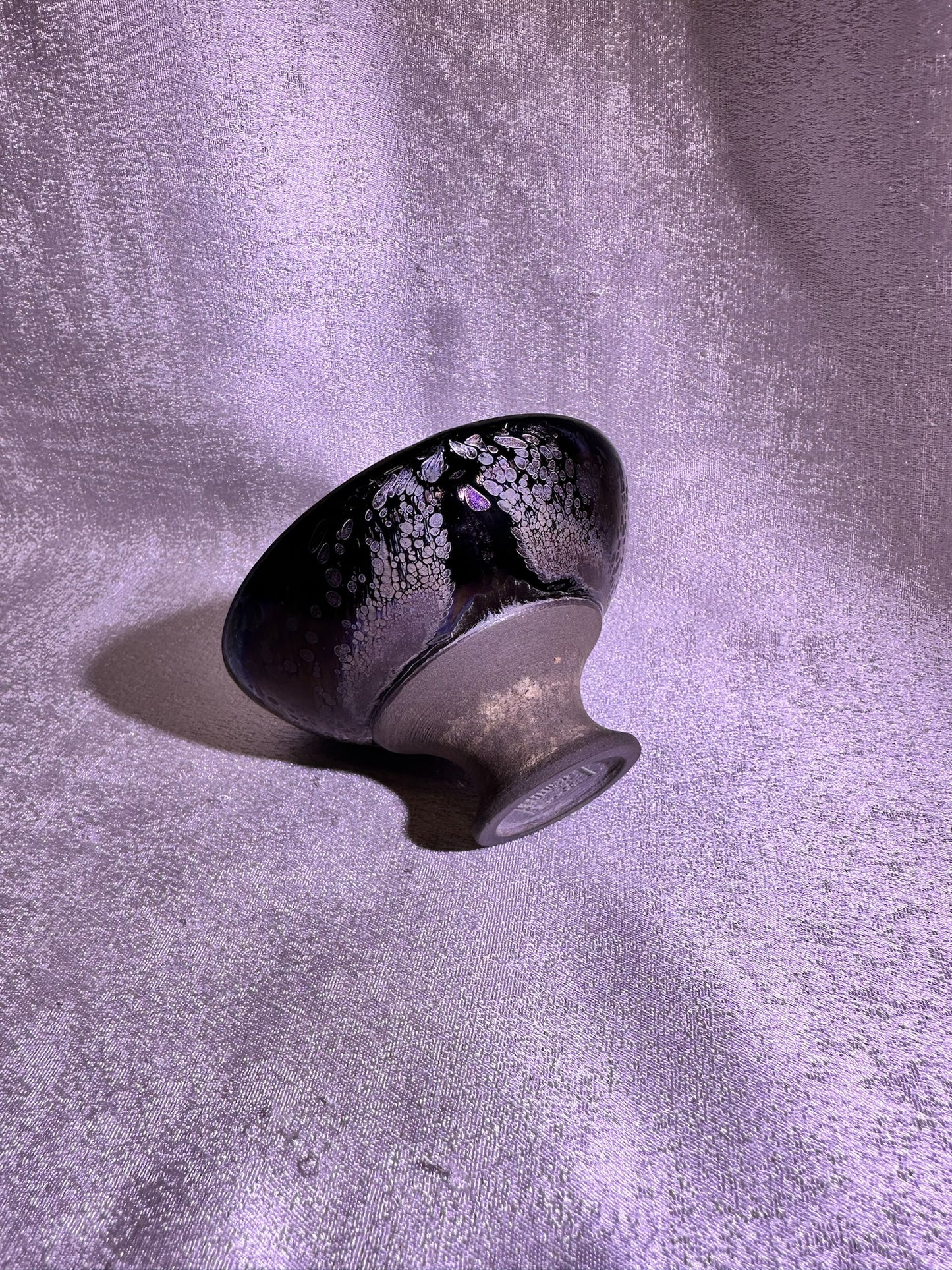 Cup5-Black purple side-firing glaze galaxy purple Yohen oil droplets pattern high foot flat mouth shape cup