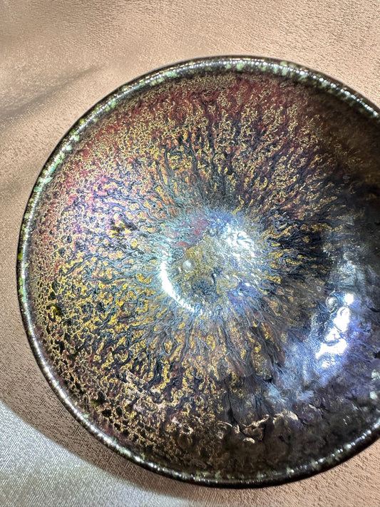 Black ox-blood red glaze orange yellow hare’s fur ‘Bohdi’ pattern monk bowl shape by GuPanHong