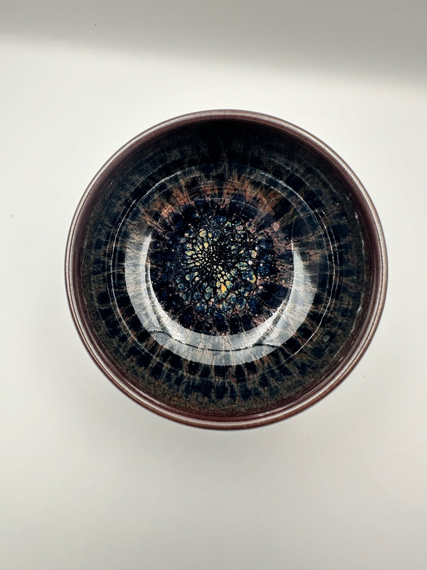Black glaze kiln transformed multi-colored partridge pattern zen bowl shape cup with 5 glaze drips, LiuYouLiang