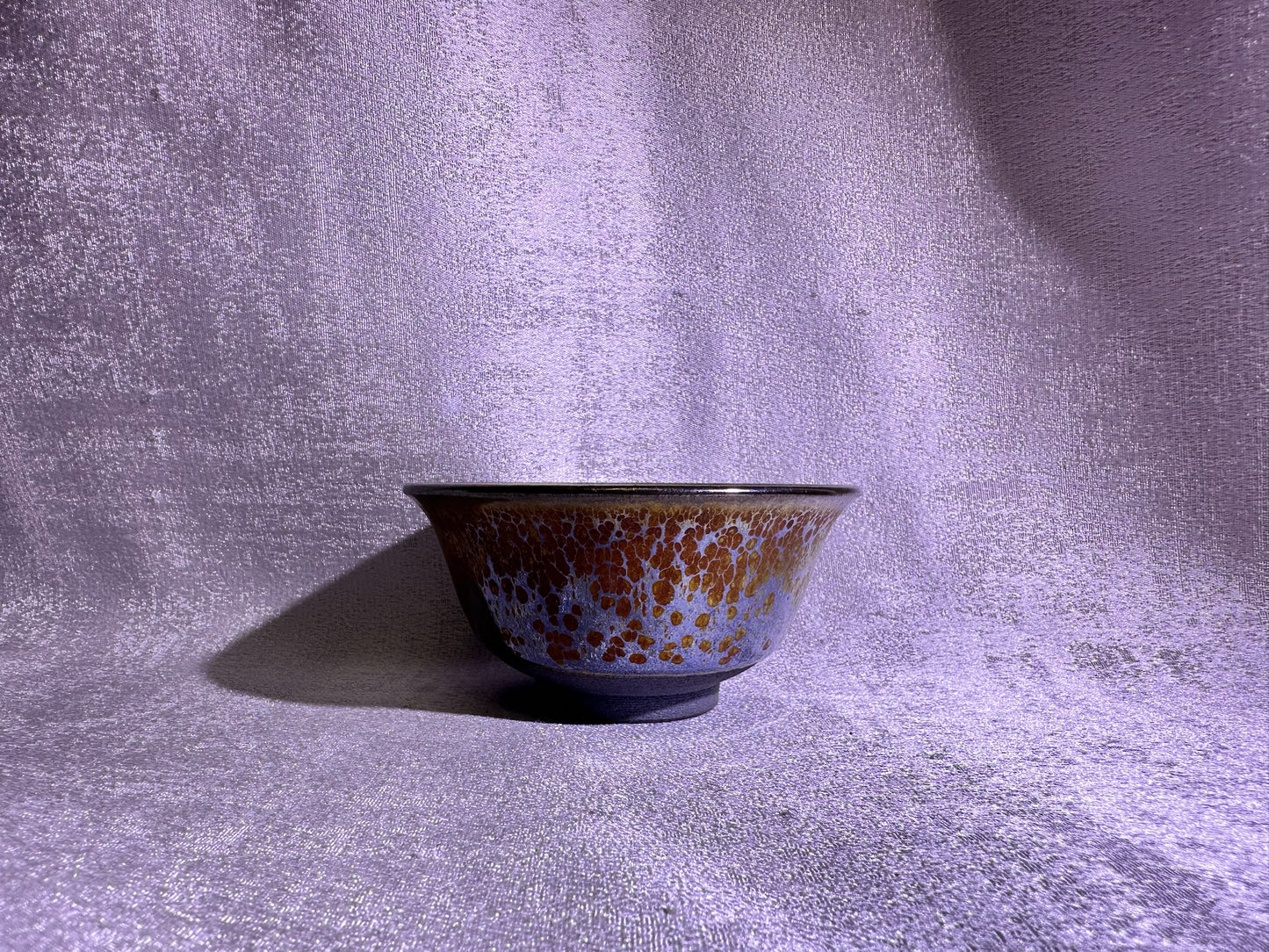 Cup3-Mirror-like silver glaze orange yellow golden oil droplets and hare’s fur pattern palace bowl shape cup, Yongle handpress cup