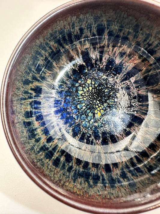 Black glaze kiln transformed multi-colored partridge pattern zen bowl shape cup with 5 glaze drips, LiuYouLiang