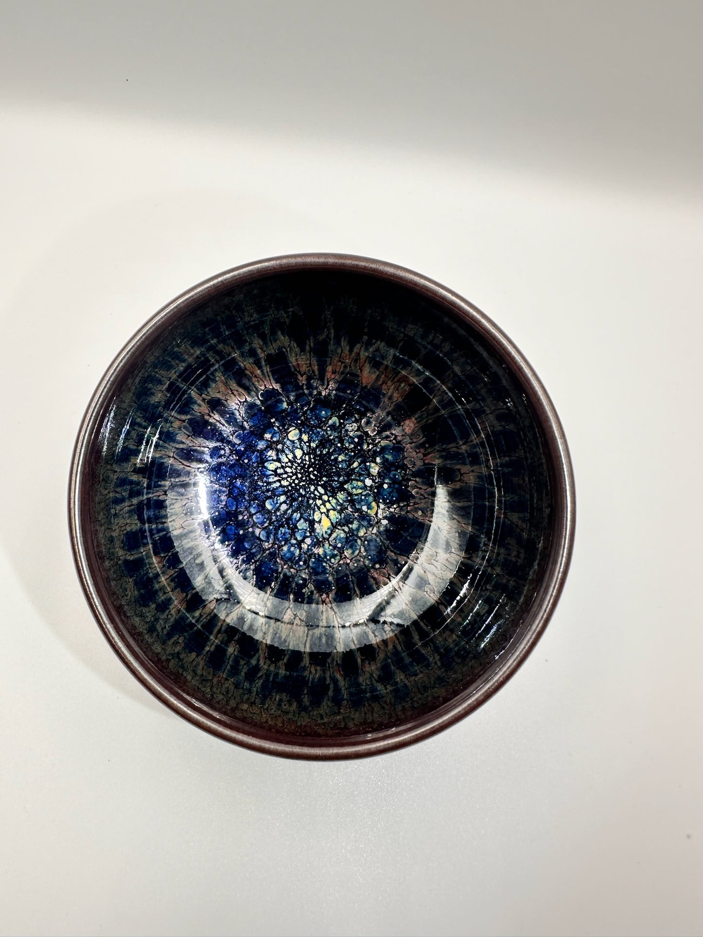 Black glaze kiln transformed multi-colored partridge pattern zen bowl shape cup with 5 glaze drips, LiuYouLiang