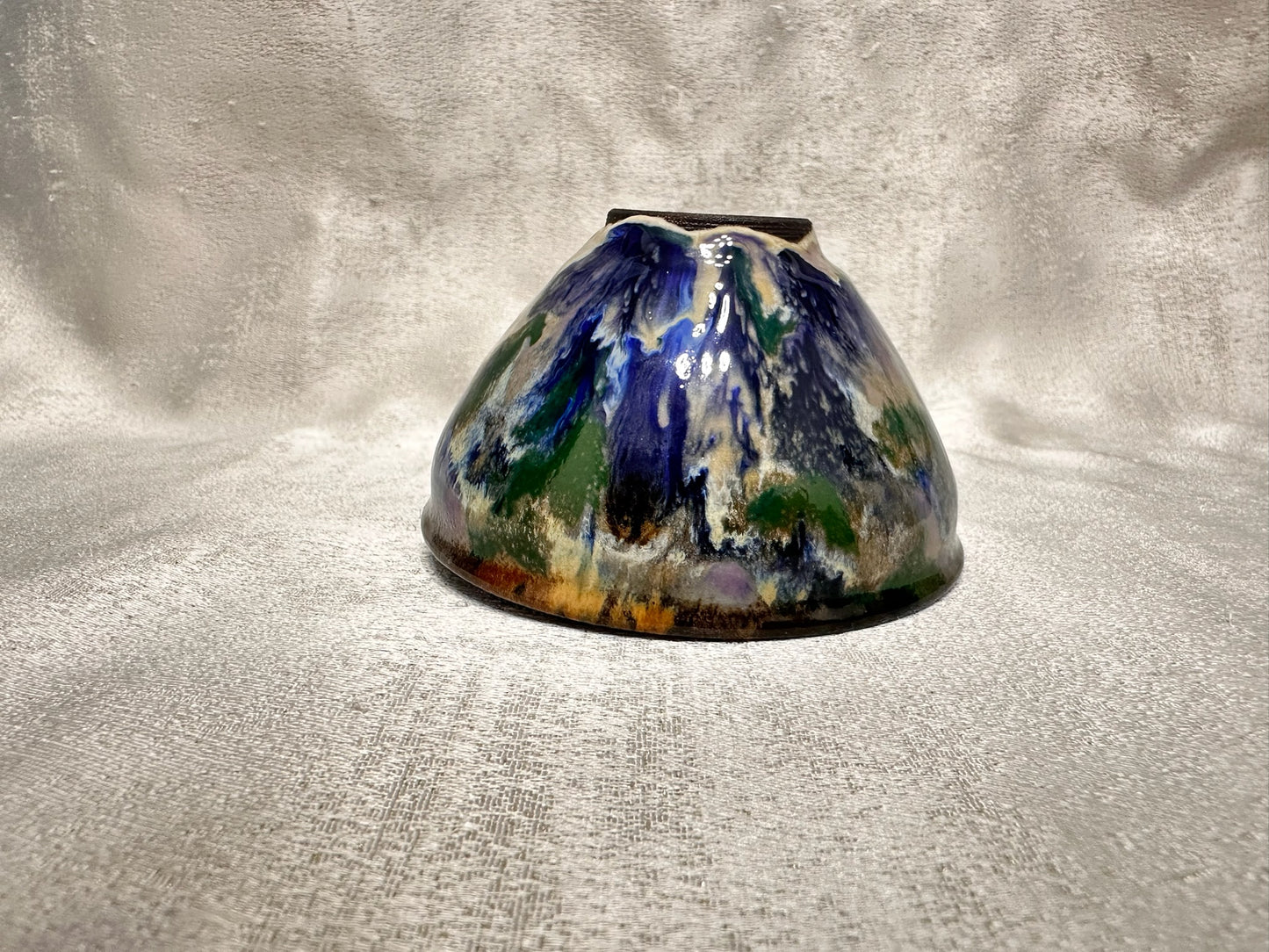 Black glaze kiln transformed multi colored mountain river scenery tied mouth shape cup, XieAiHua