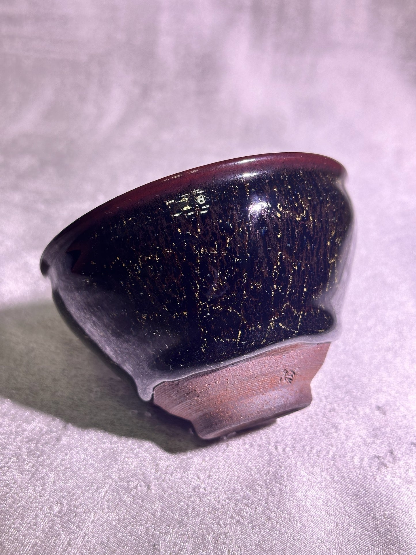 Cup2-Black golden glaze with brown hare’s fur and golden thread pattern, ox-blood rim tied-mouth shape cup