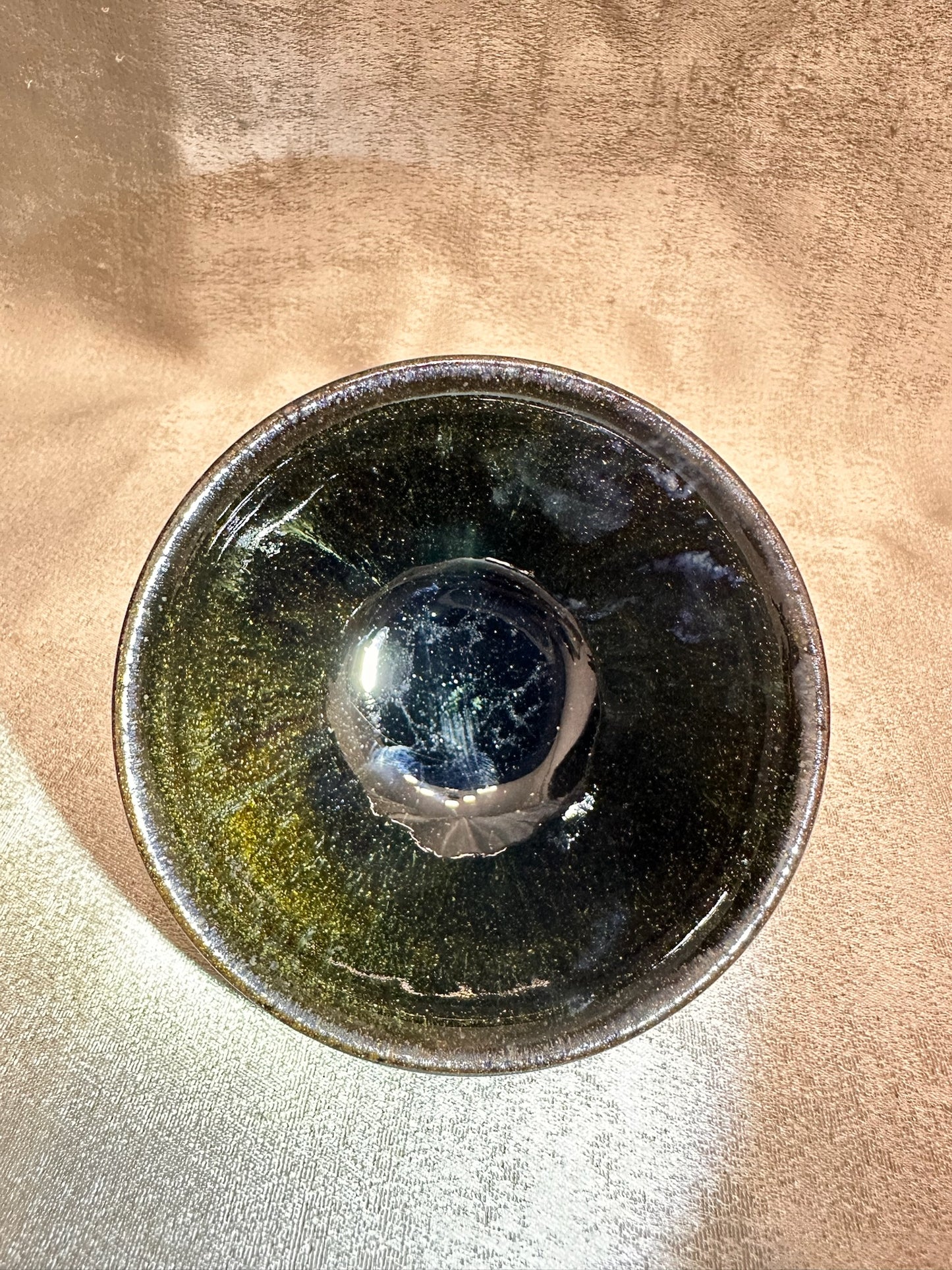 Black glaze kiln transformed golden sands blue hare’s fur pattern tied mouth shape cup with glaze tears, drippy