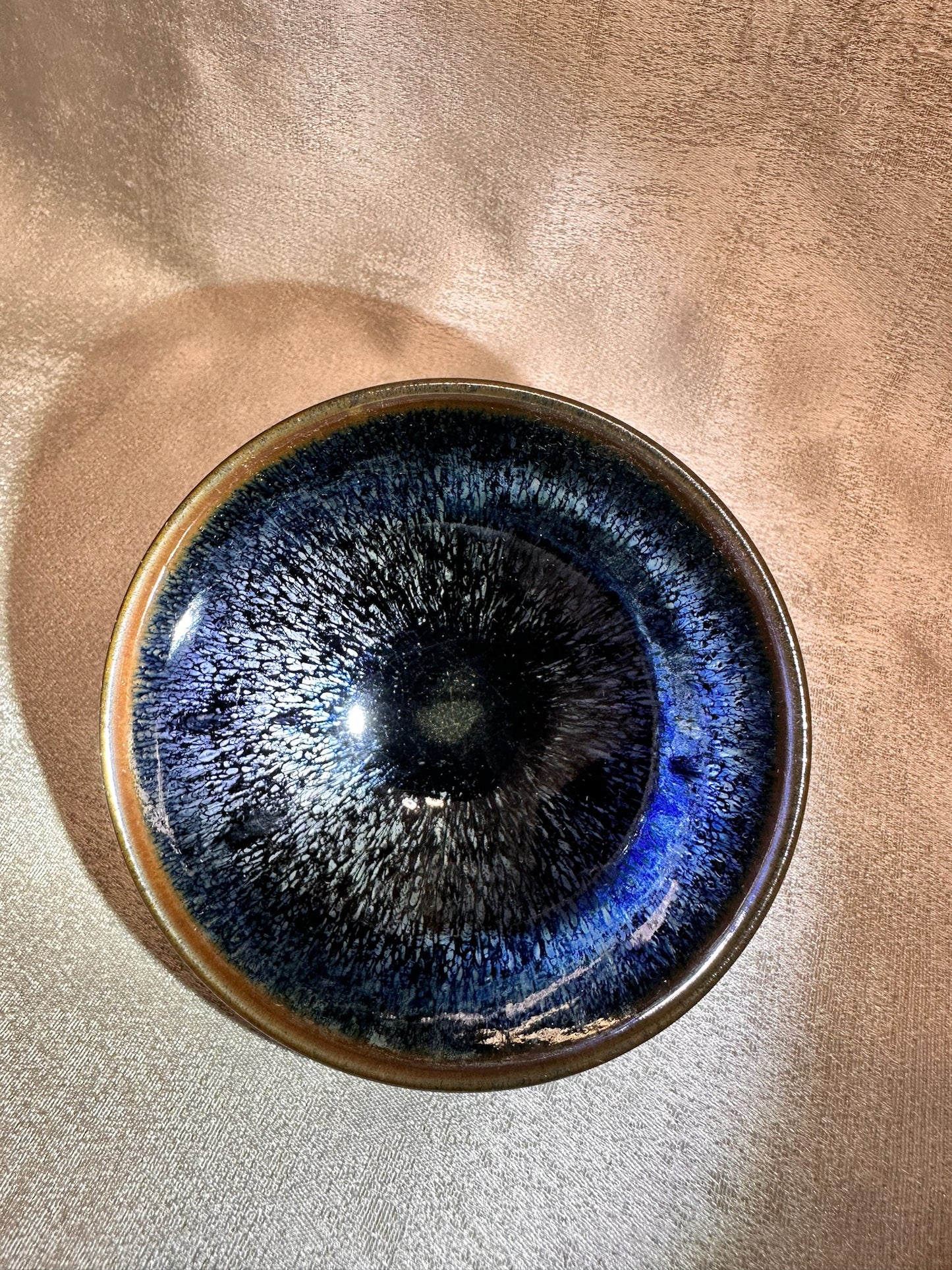 Black glaze silver blue hare’s fur pattern brown rim flat mouth shape cup