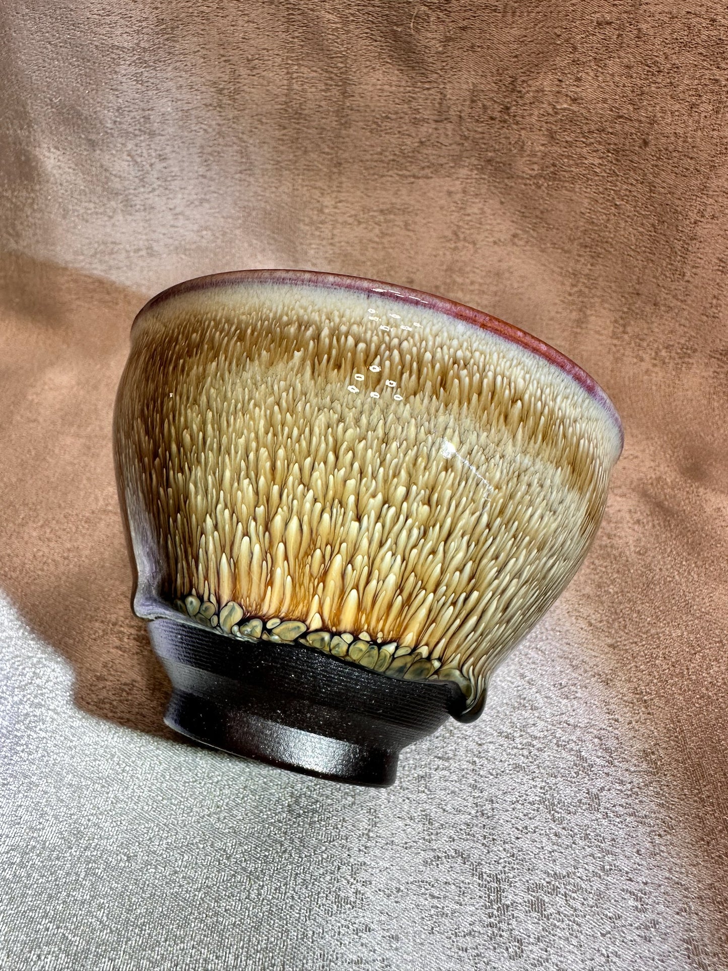 Brown glaze white peony pattern ox-blood red rim tied mouth shape cup