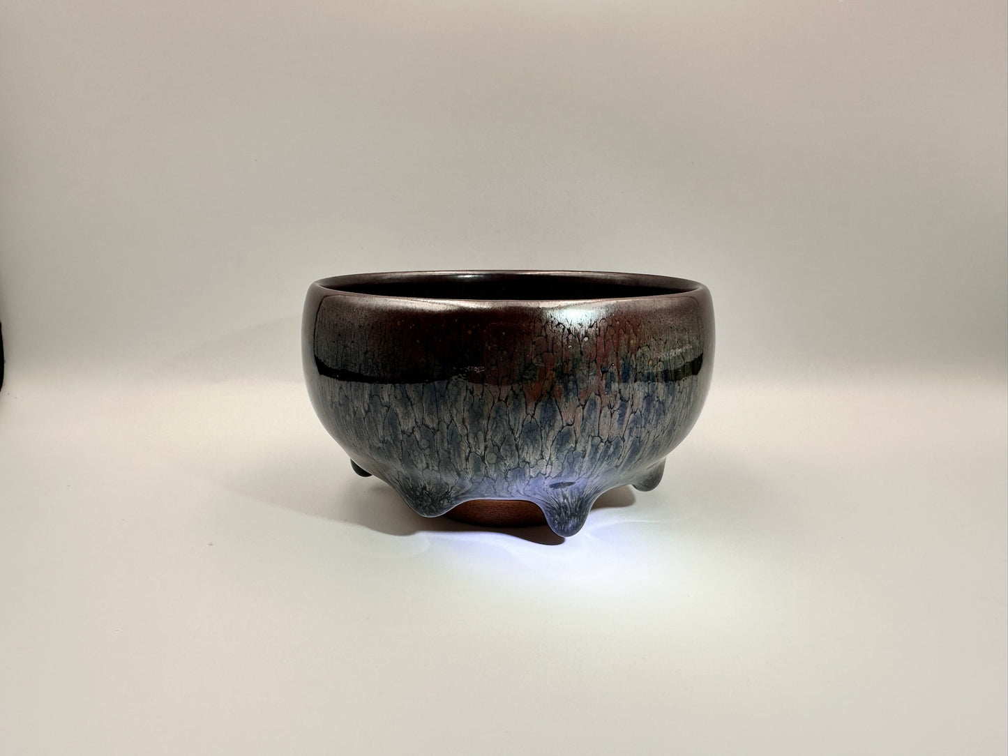 Black glaze kiln transformed multi-colored partridge pattern zen bowl shape cup with 5 glaze drips, LiuYouLiang