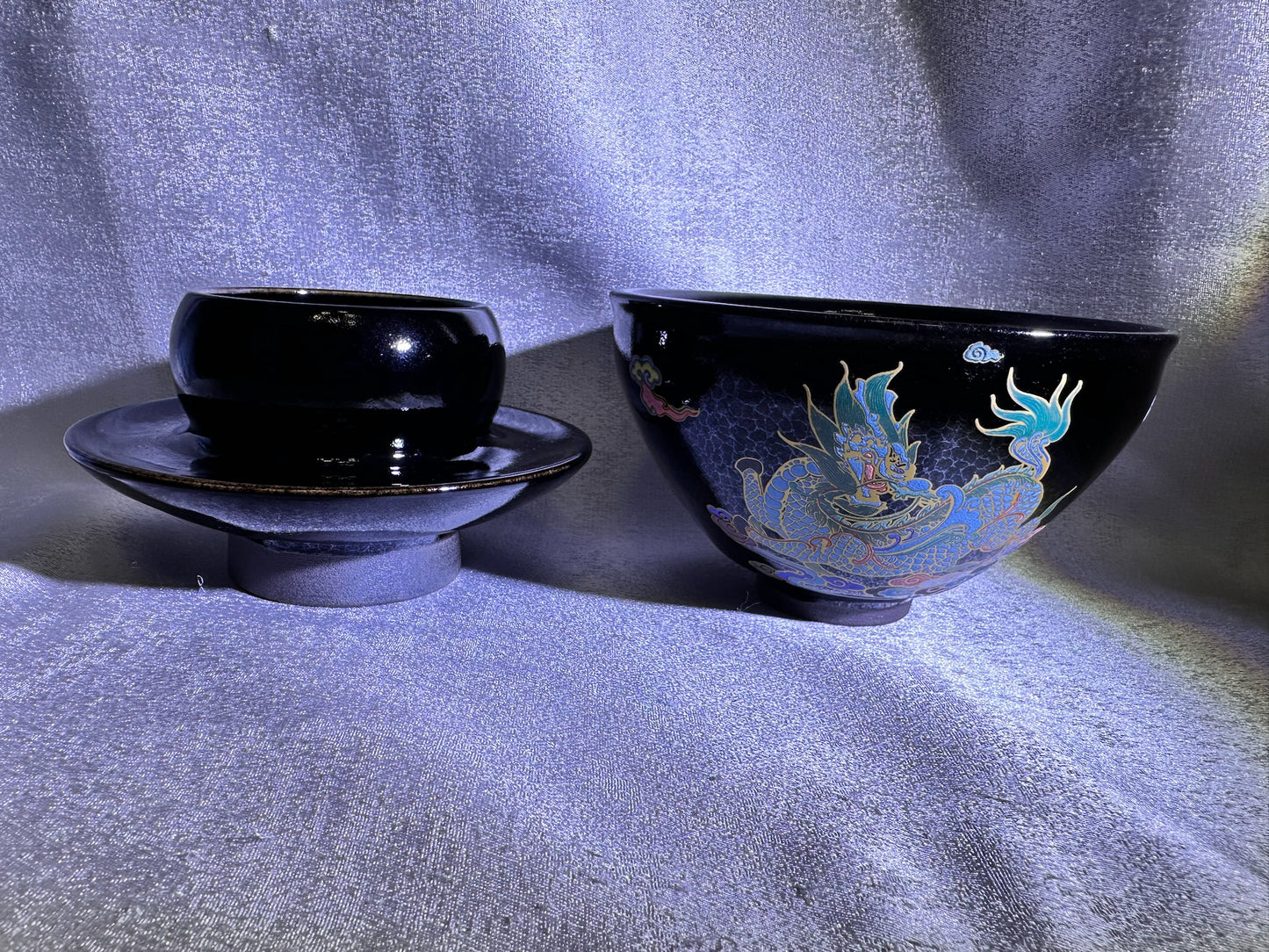 133mm*80mm Black glaze silver dragon scale pattern with hand-painting 3 dragons pattern on exterior diancha tea-whisking bowl