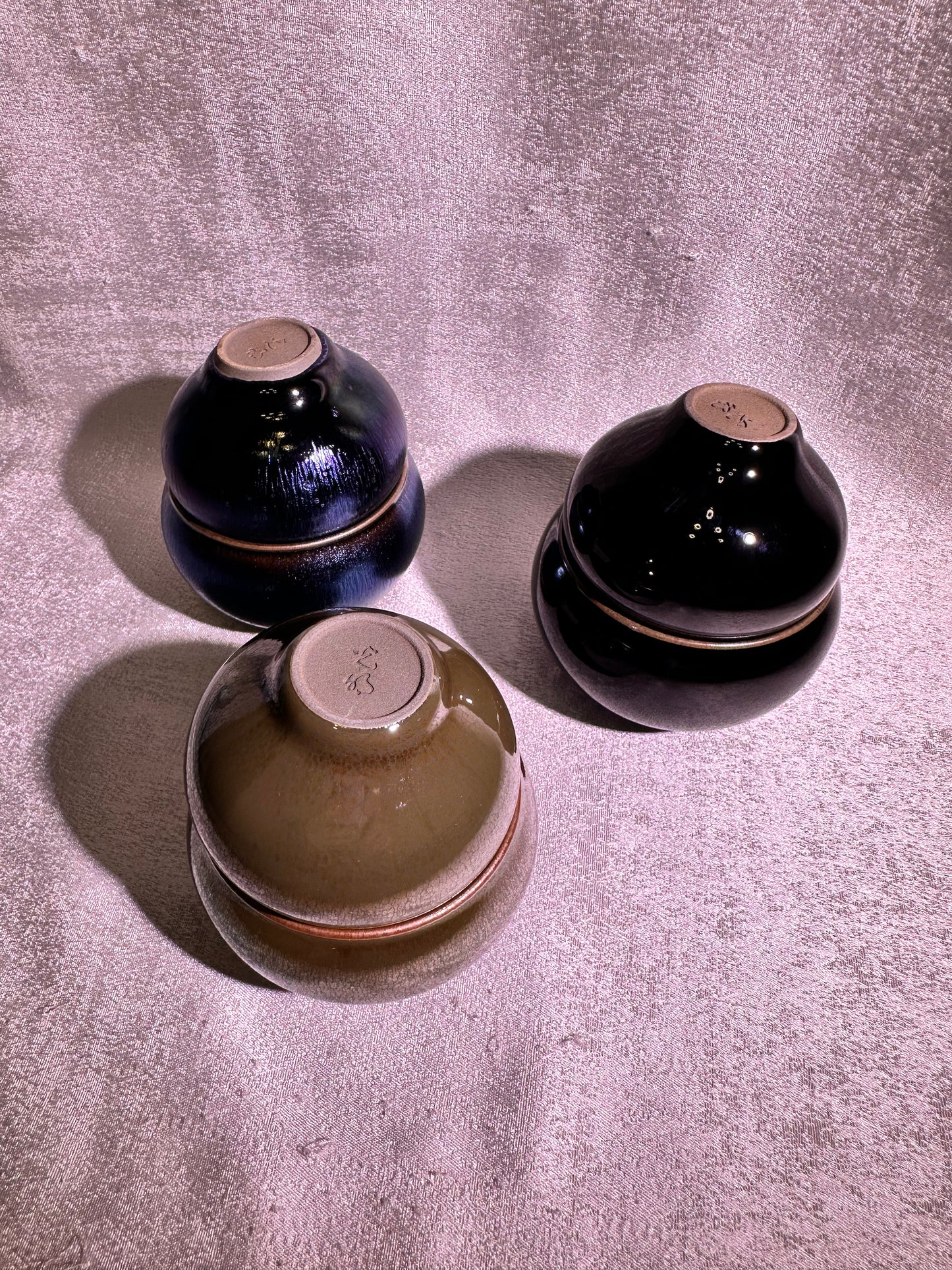 Gourd shape pair cup, brown tea color glaze with colorful hare's fur, XioGuangMing