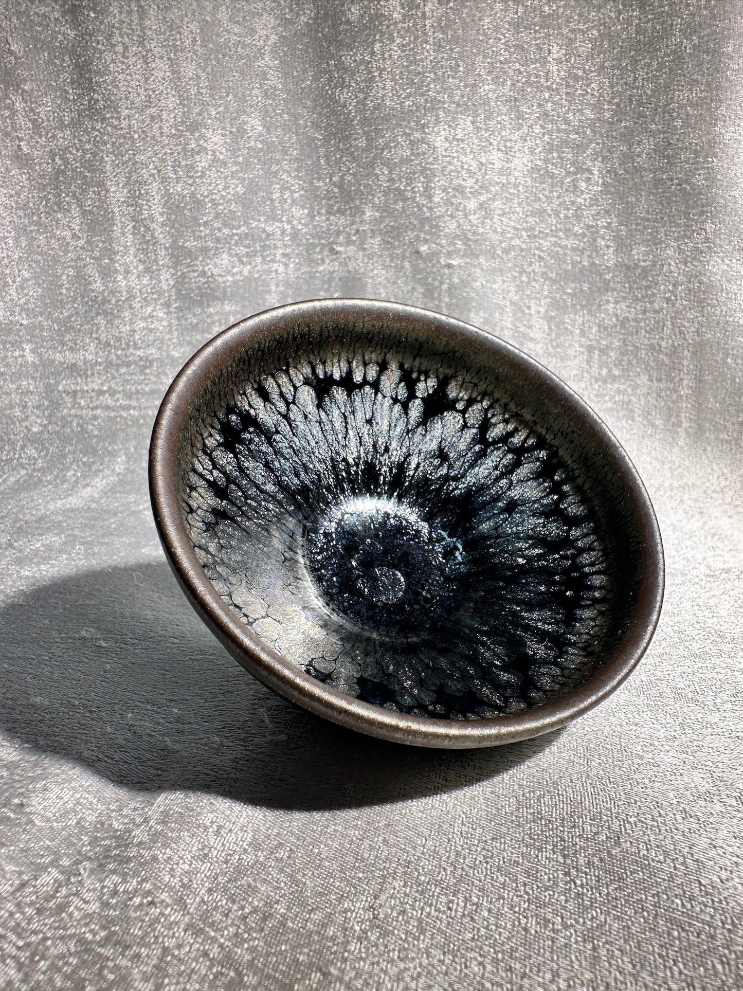 Cup15-Black gold glaze silver oil droplet flower pattern, official’s hat shape cup by YouHeDi