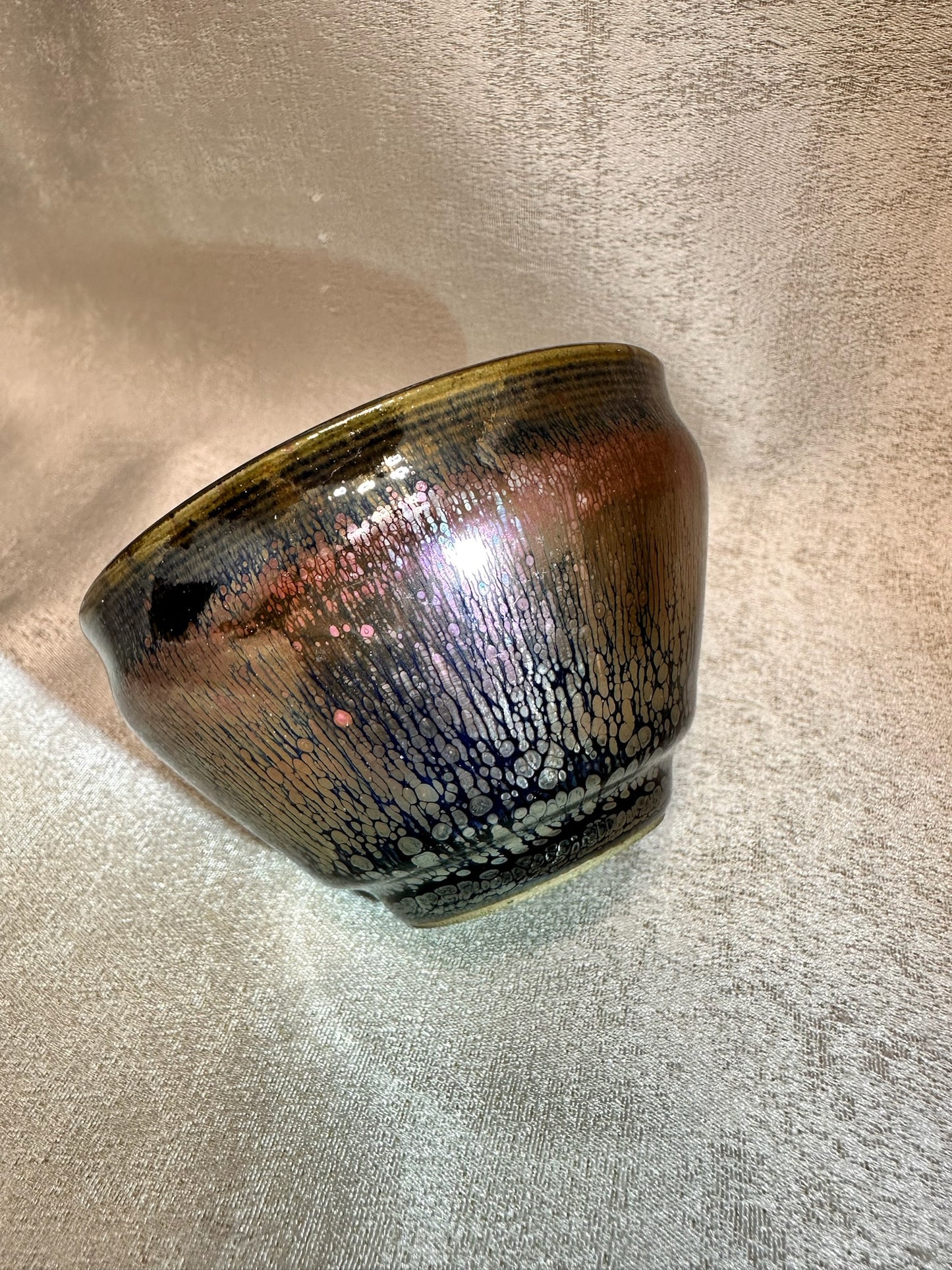 Black gold glaze rose gold multi colored oil droplet pattern tied mouth shape cup