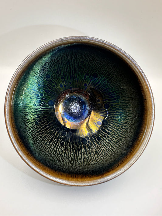 Black glaze green hare’s fur and oil droplet pattern tied mouth shape cup, LiuYouLiang