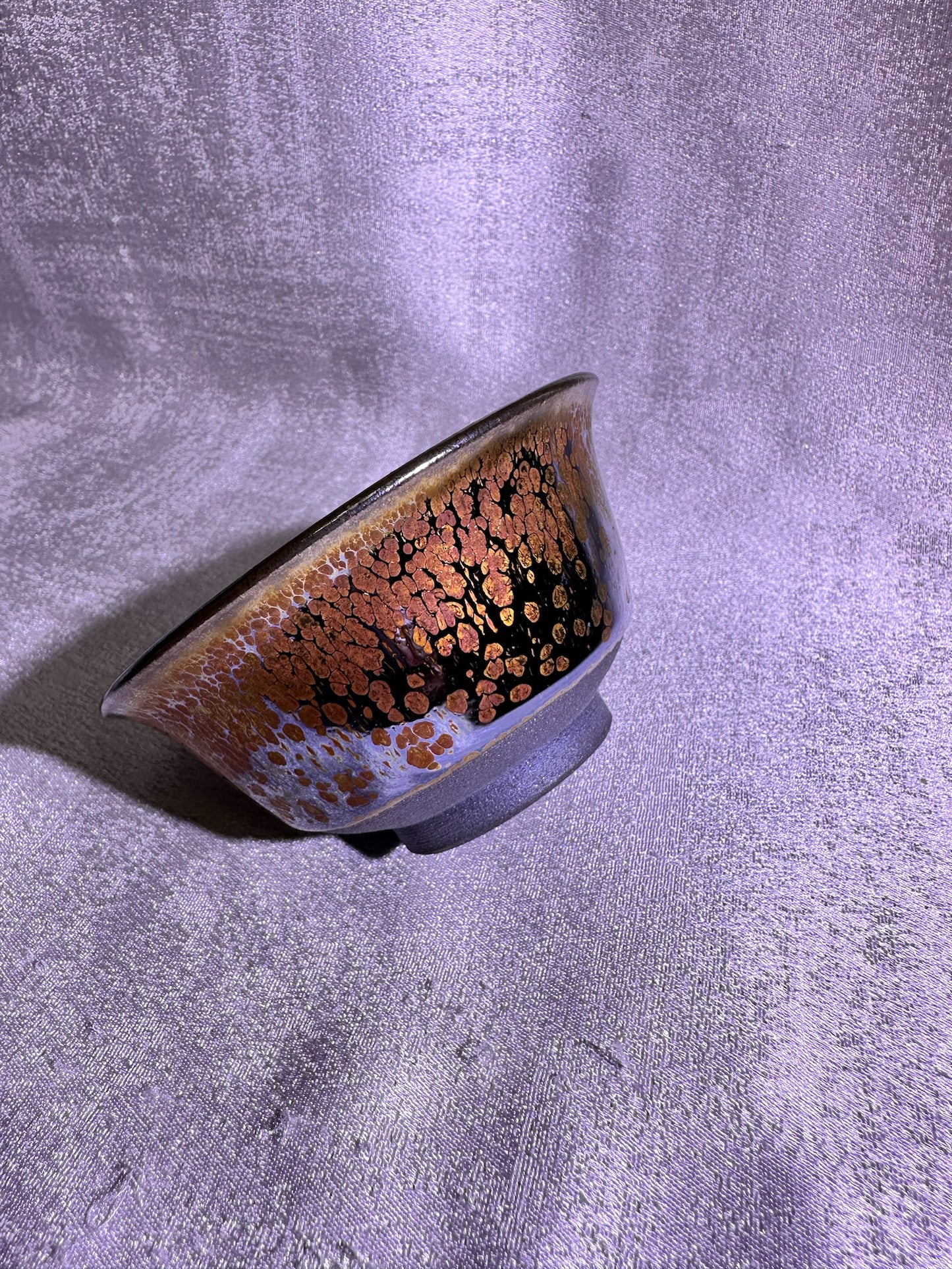 Cup3-Mirror-like silver glaze orange yellow golden oil droplets and hare’s fur pattern palace bowl shape cup, Yongle handpress cup