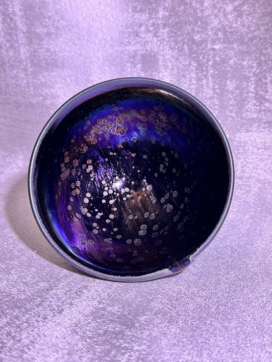 Cup5-Black purple side-firing glaze galaxy purple Yohen oil droplets pattern high foot flat mouth shape cup