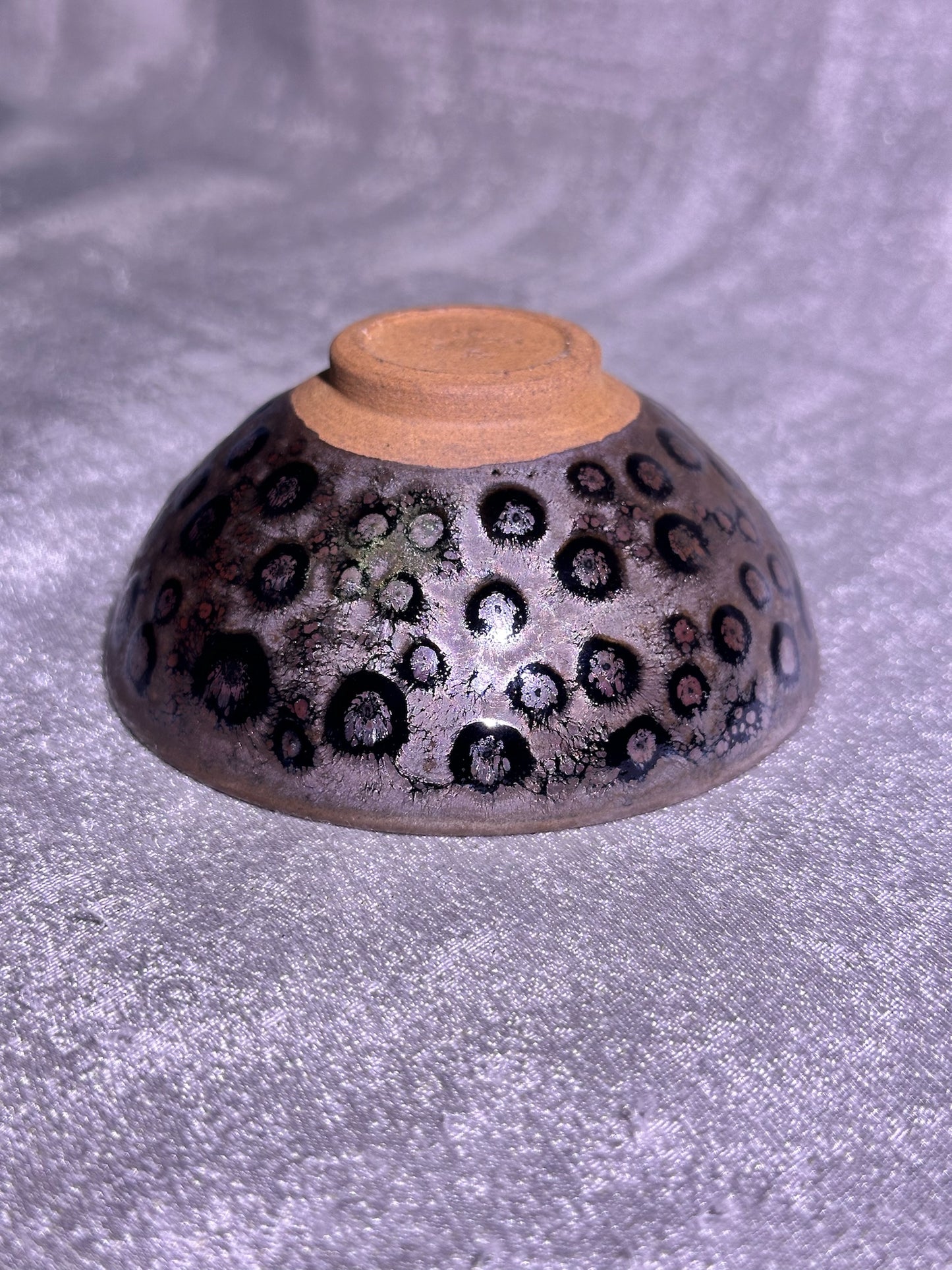 Cup10-Ox-blood red glaze with strong crystalized heaven eyes spots pattern flat mouth shape cut