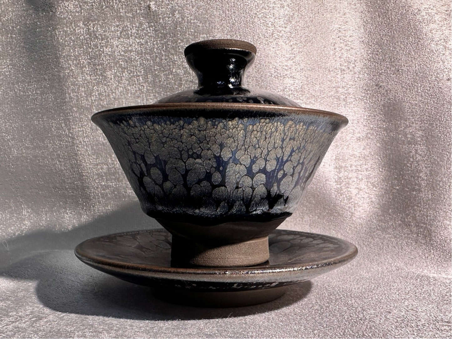 National Treasure Peony, black glaze silver oil droplet peony pattern 3-piece Gadiwan set