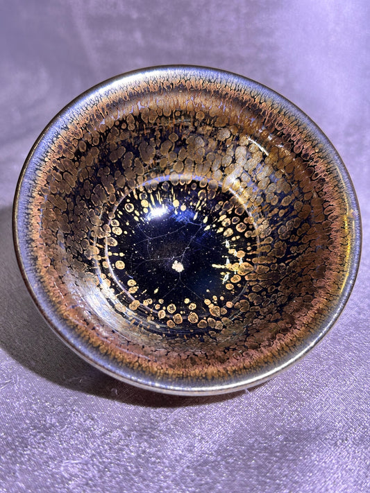 Cup3-Mirror-like silver glaze orange yellow golden oil droplets and hare’s fur pattern palace bowl shape cup, Yongle handpress cup